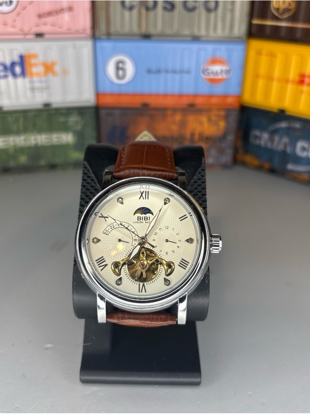 BiBi Automatic Cream Dial Skeleton Watch with Brown Leather Strap